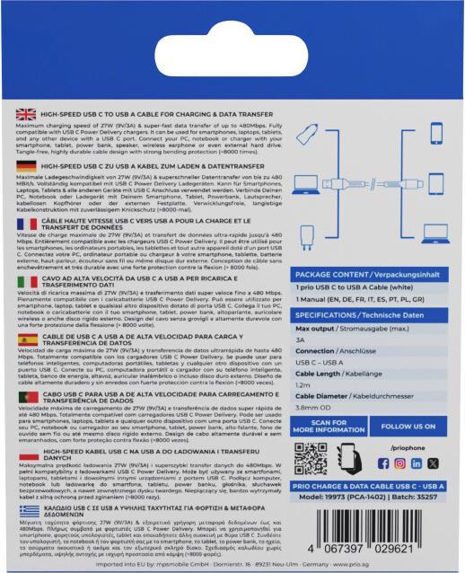 Immagine prodotto prio Carica e sincronizzazione ad alta velocità da USB C a USB A 3A 1,2 m bianco (1.20 m, USB 2.0)