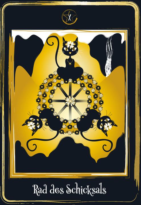 Actual product image Golden Black Cat Tarot - Hochwertige Stülpdeckelschachtel mit Goldfolie (German, Helena de Almeida, 2022)