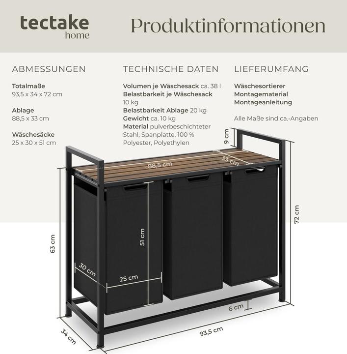 Actual product image tectake Dual Laundry Basket - 2 pull out compartments, wooden folding shelf & high capacity (38 l)