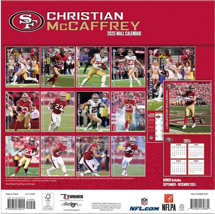 Actual product image NFL - San Francisco 49ers - Christian McCaffrey - 30.5 x 30.5 cm player wall calendar 2025 (30.5 x 30.5 cm, French, Italian, Spanish, German, English)