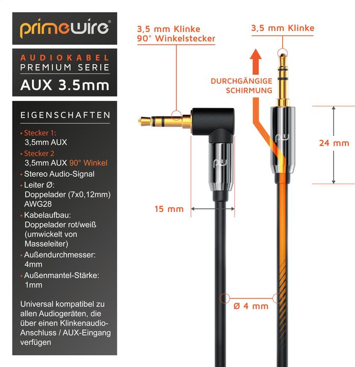 Produktbild Primewire AUX zu 3,5mm Klinke Audio Kabel 90° gewinkelt, HiFi Klinkenkabel Verbindungskabel für Audiogeräte (5 m, 3.5mm Klinke (AUX))