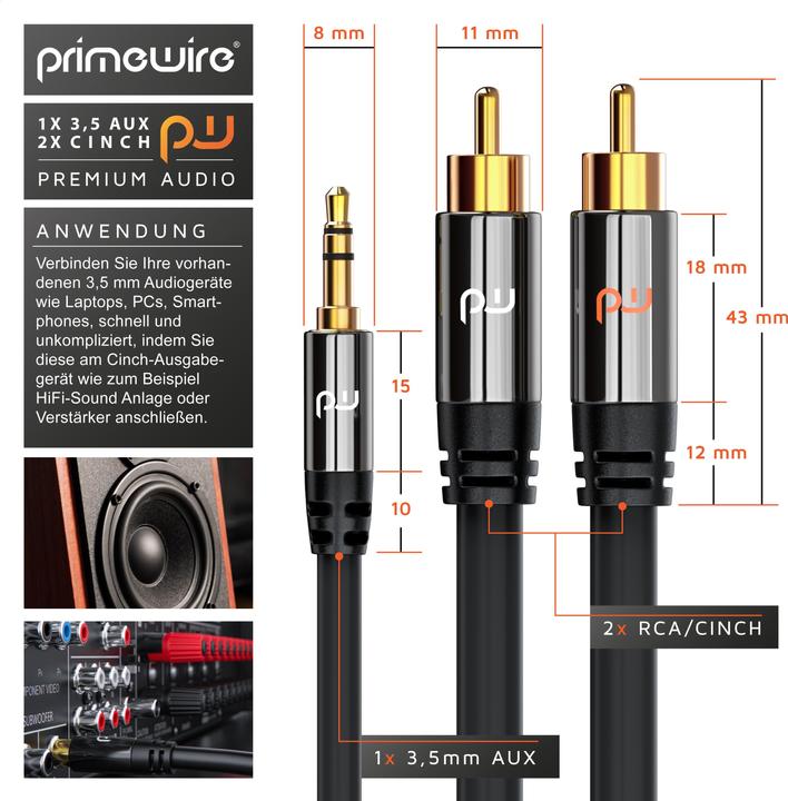 Produktbild Primewire Cinch zu 3,5mm Klinke Audio Kabel, Cinchkabel, RCA, AUX, Stereo HiFi Adapter mehrfach geschirmt (2 m, 3.5mm Klinke (AUX), Cinch)