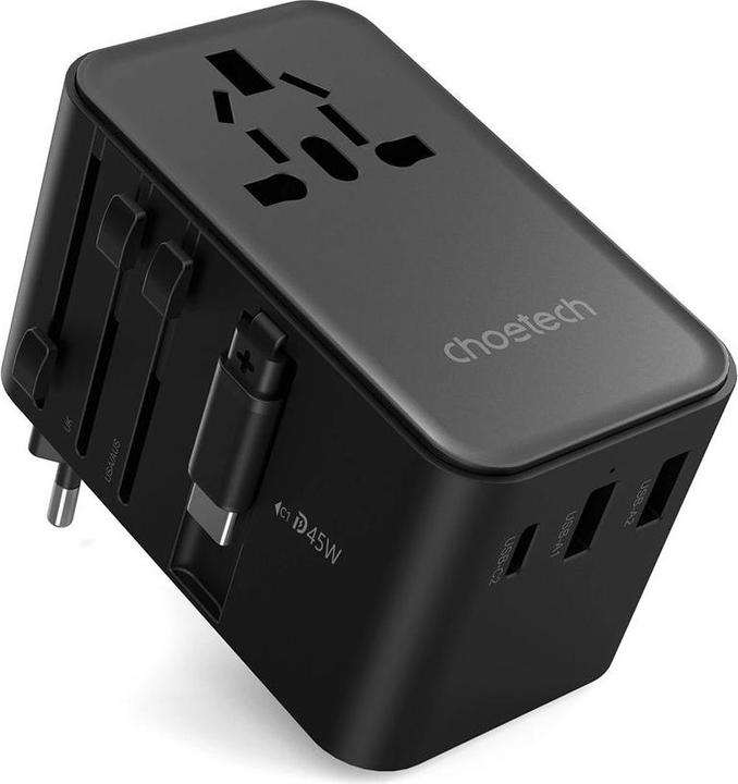 Image du produit Choetech PD5021 Adaptateur de voyage UE/US/AUS/UK 45W avec câble USB-C intégré - Noir