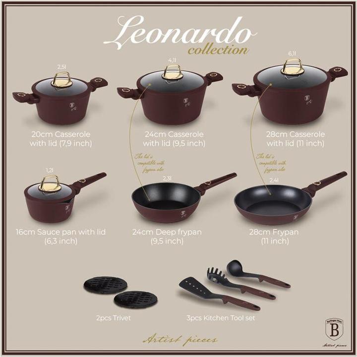 Produktbild BerlingerHaus Kochset inkl. Kochbesteck & Untersetzer, 15-teilig, bordeaux (24 cm, Pfannenset + Topfset, Aluminium)