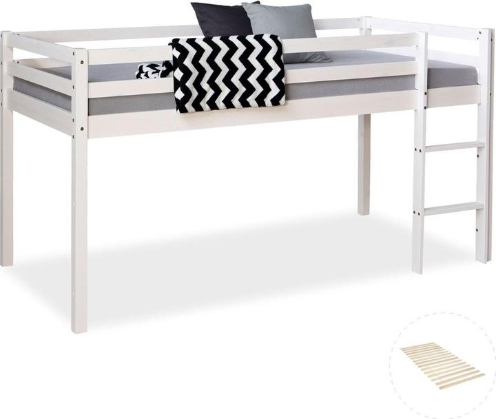 Actual product image Floki24 Loft bed play bed children's bed with slatted frame ladder solid wood, white - 90x200 cm (90 x 200 cm)