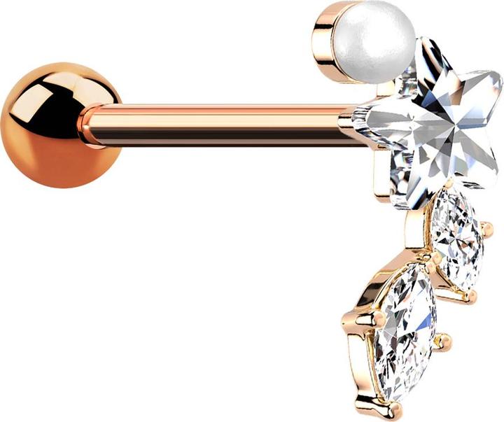 Produktbild Star Piercing Micro Barbell rosegold Perle Kristallstern und zwei Kristalltropfen (Chirurgenstahl 316L, Messing)