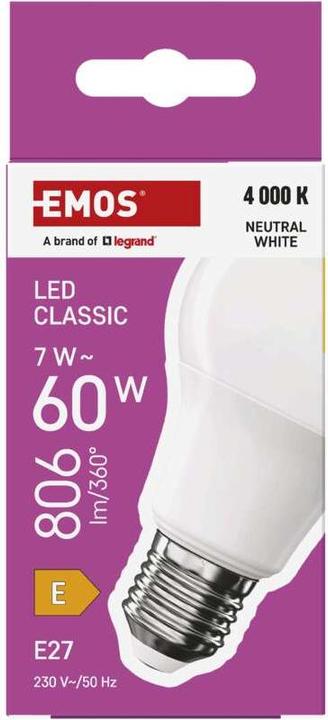 Produktbild Emos LED Lampe Classic A60 / E27 / 7 W (60 W) / 806 lm / Neutral Weiss (E27, 7 W, 806 lm, 1 x, E)