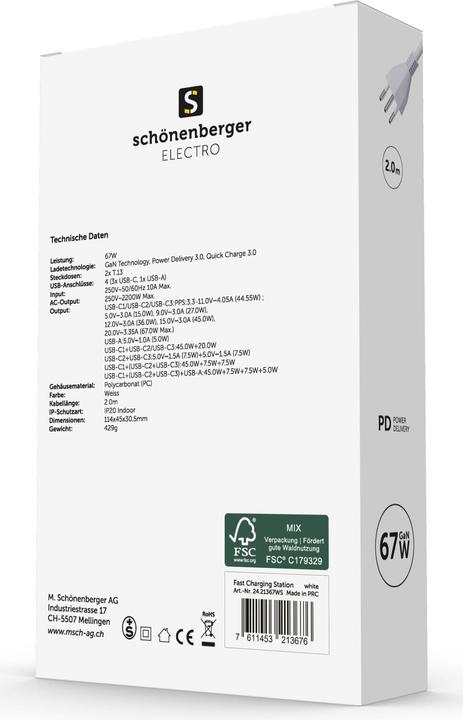 Produktbild Schönenberger Fast Charging Station (2 x, Typ 13, USB-C, USB-A, 2 m)
