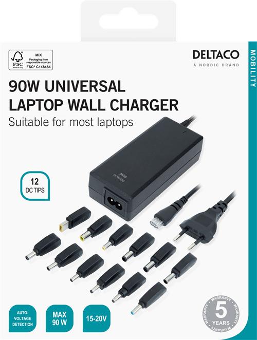Produktbild Deltaco Universal Laptop Charger, 15-20V, 6A, 90W, 12-tips - Black (90 W)