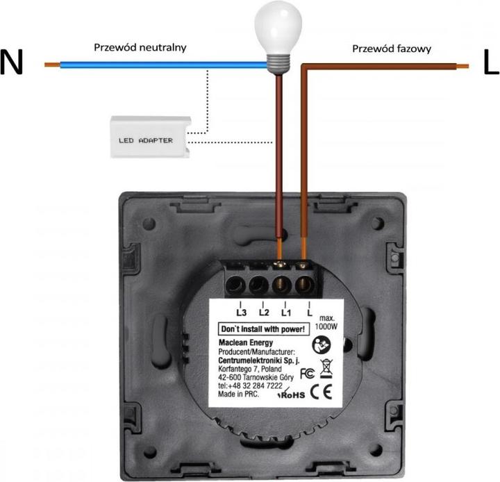 Actual product image Maclean Touch light switch, double, glass, white with square button Energy