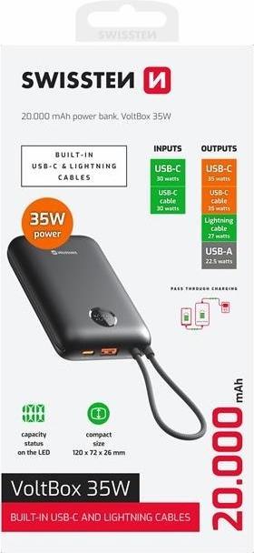 Immagine prodotto Swissten Power Bank Voltbox 35w 20000 Mah With Built-In Cables USB-C and Lightning Black (20000 mAh, 35 W, 35 Wh)