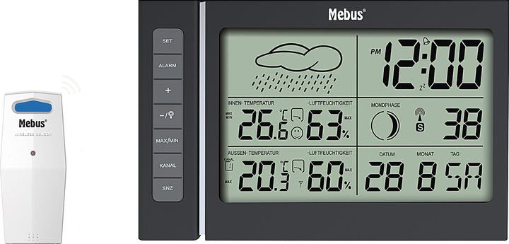 Produktbild Mebus Funk-Wetterstation digital mit Funksensor und Wetterprognose 11x18x2,2cm schwarz