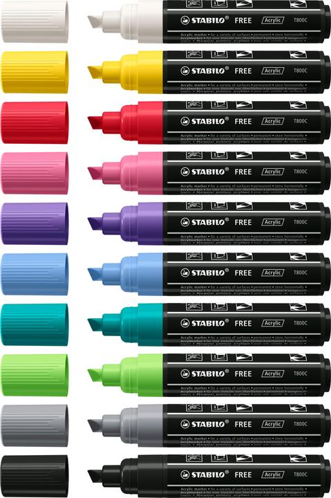 Image du produit STABILO Marqueurs acryliques - FREE Acrylic - T800C pointe biseautée 4-10mm - stylo simple - noir (Noir, 10 mm, 1 x)