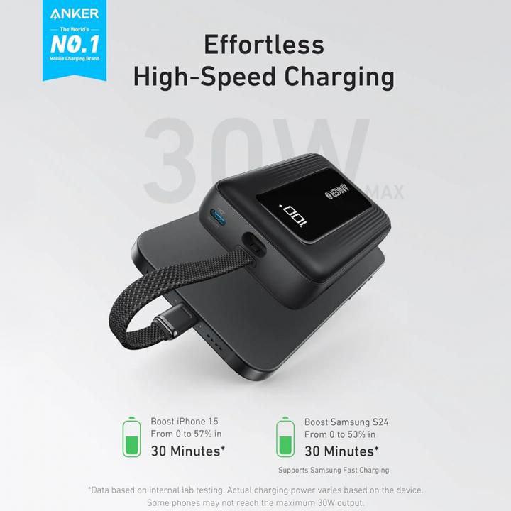 Produktbild Anker Power Bank with Built-In USB-C Cable | A1688H11 | 10000 mAh | Black (10000 mAh, 30 W)