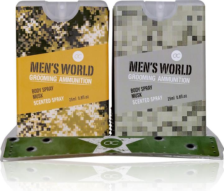 Accentra Körperspray MEN'S WORLD, 25ml, 2 Camouflage Motive sortiert, Duft: Oak & Amber, VE 18 im Display / 7 (Body Mist, 25 ml)
