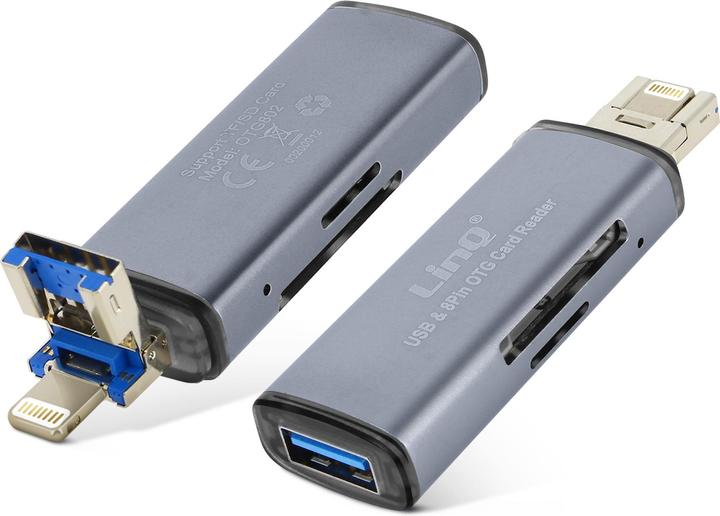 Actual product image LinQ 2-in-1 Lightning / USB plug SD / Micro-SD card reader, - Grey (Lightning, USB)