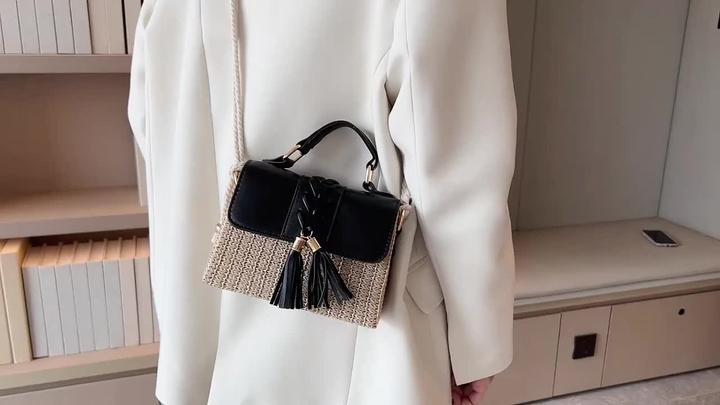 Produktbild Only-Bags.Store Quaste Dekor Stroh gewebt Handtaschen, Mini Rope Strap Crossbody Strandtasche, Frauen Top Handle