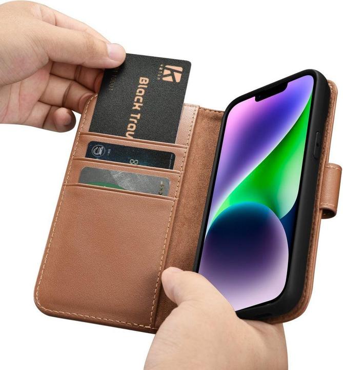 Produktbild iCarer Wallet Case 2 in1 Hülle iPhone 14 Lederhülle mit Faltung braun antiRFID (WMI14220725-BN) (Apple iPhone 14)