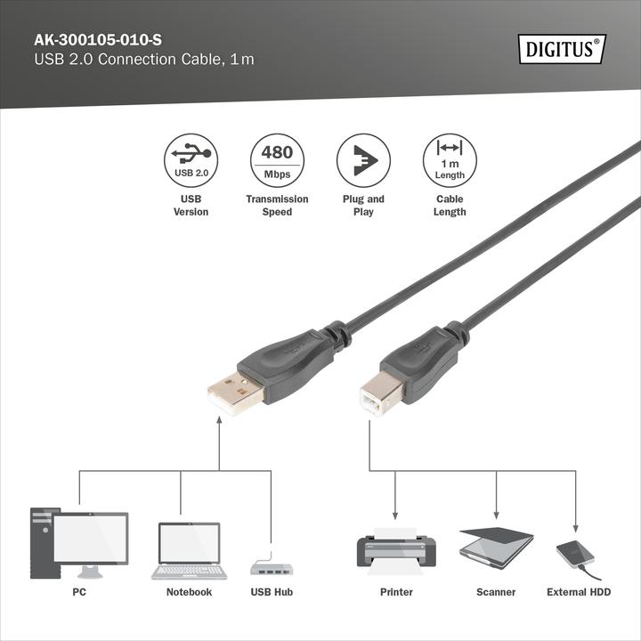 Immagine prodotto Digitus Cavo di collegamento USB2.0, 1 m (1 m, USB 2.0, 2.50 W)