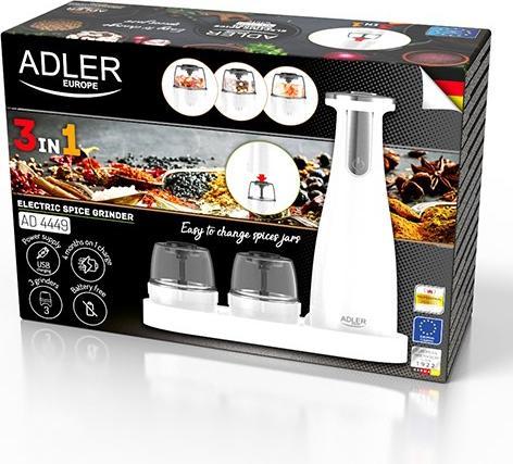Immagine prodotto Adler Macina sale e pepe elettrico AD 4449w 7 W, Materiale involucro plastica ABS, Litio, Bianco opaco (Varie spezie)