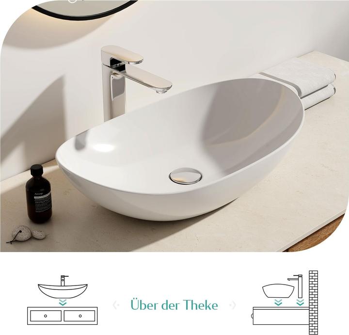 Actual product image Emke Countertop Washbasin, Oval Ceramic Basin, Glossy White, without Tap Hole, 615x350x155mm (360 mm, 615 mm)