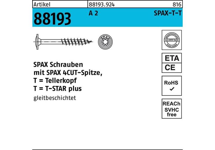 Produktbild Spax Tellerkopfschraube R 88193 m.Spitze/T-STAR TG 8 x 50/46-T40 A 2 (50 Schrauben pro Stück)