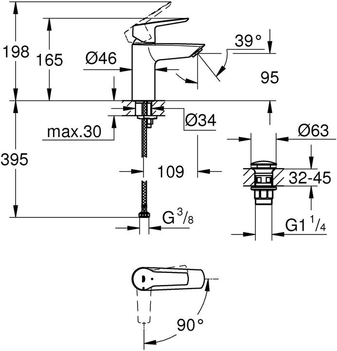 Actual product image Grohe Start QuickFix washbasin tap, cold centre position, push-open drain, S-size, chrome