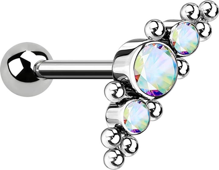 Produktbild Star Piercing Micro Threadless Barbell silber mit Kugel und mittig mit Kugeln und drei Kristallen multicolor (ohne Messing, Titan G23)