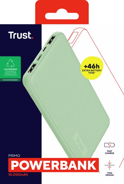 Produktbild Trust POWER BANK USB 10000MAH/PRIMO GREEN 25029 (10000 mAh, 15 W, 15 Wh)