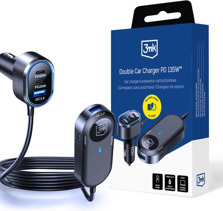 Produktbild 3MK Double Car Charger 135W PD QC PPS USB 2A4C Black/Gray