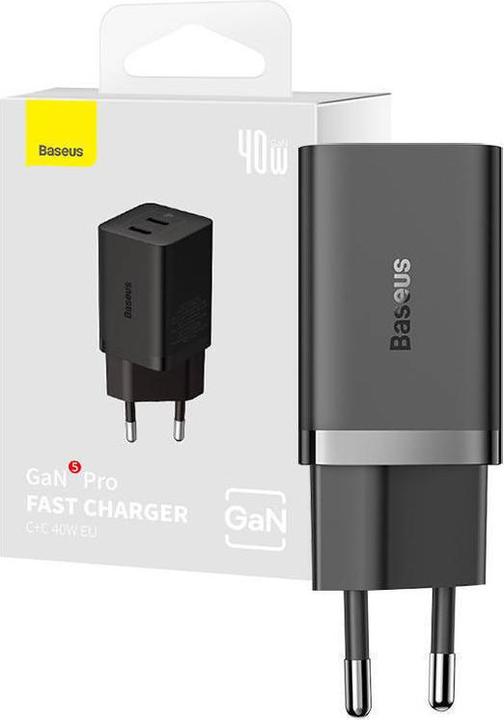 Image du produit Baseus Chargeur mural GaN5 40W, 2x USB C (Noir) (40 W)