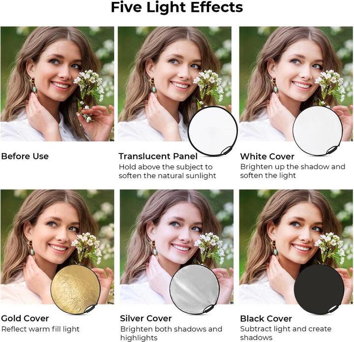 Actual product image K&F Concept 5 in 1 Circular Photography Reflector 80cm with Handle Grip Gold Sliver Black White Translucent Pan