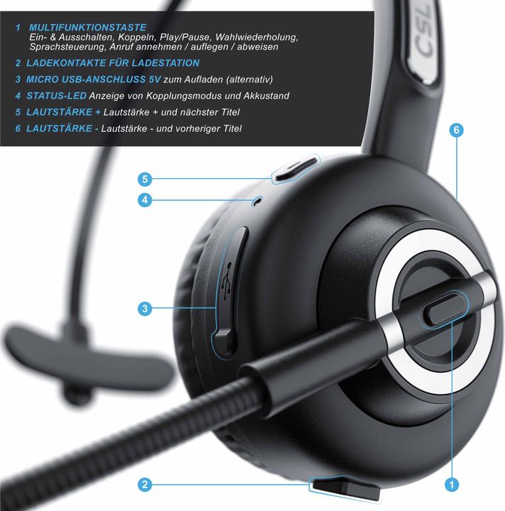 Image du produit CSL Casque sans fil avec station de charge, casque mono sans fil, microphone flexible, réduction du (Sans fil)