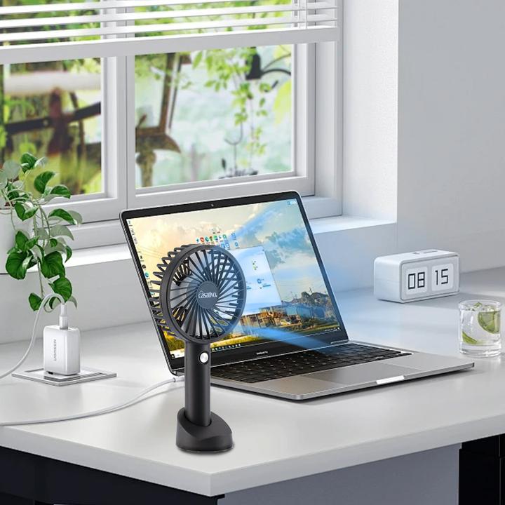 Actual product image Casativo 2-in-1 Hand- & Tisch-Ventilator, Akku- & USB-Betrieb, schwarz, 3-stufig, Ø 9,5 cm