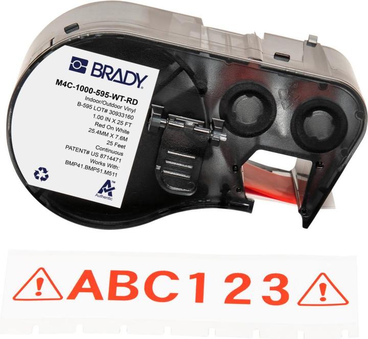 Actual product image Brady M4C-1000-595-WT-RD, vinyl, red on white, 25.40 mm x 7.62 m, permanent, continuous