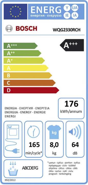 Label énergétique Bosch Hausgeräte WQG2330RCH & WGG244ZRCH (8 kg, Droite)