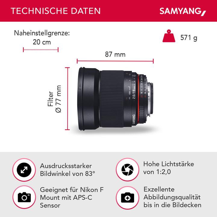 Image du produit Samyang 16mm f/2 ED AS UMC CS - Nikon F (Nikon DX, Nikon F, APS-C / DX)