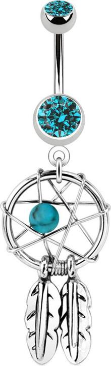 Star Piercing Banane silber mit Anhänger Traumfänger und Kugel aqua (Chirurgenstahl 316L, ohne Messing)