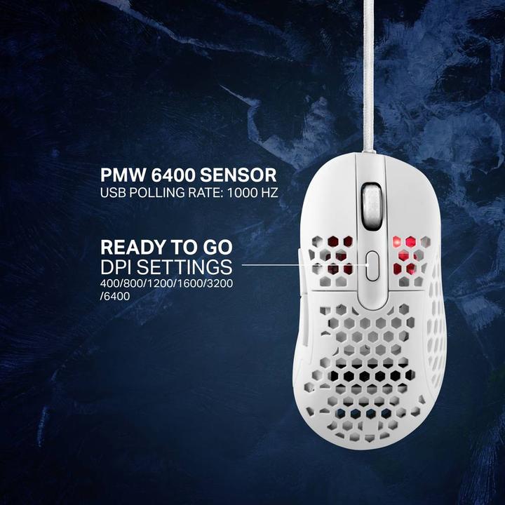 Actual product image Deltaco GAMING White LINE 65g weight, 400-6400 DPI, 1000 Hz, white (Cable)