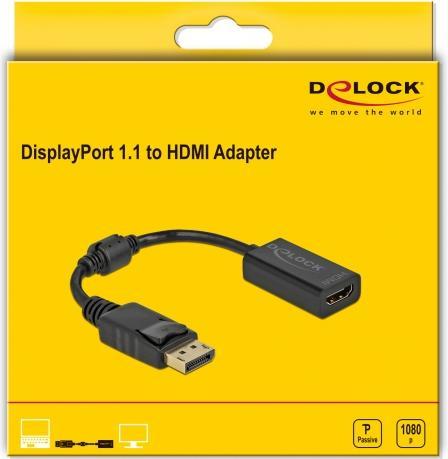 Produktbild Delock Adapter DisplayPort 1.1 Stecker zu HDMI Buchse Passiv schwarz (0.15 m, DisplayPort, HDMI)