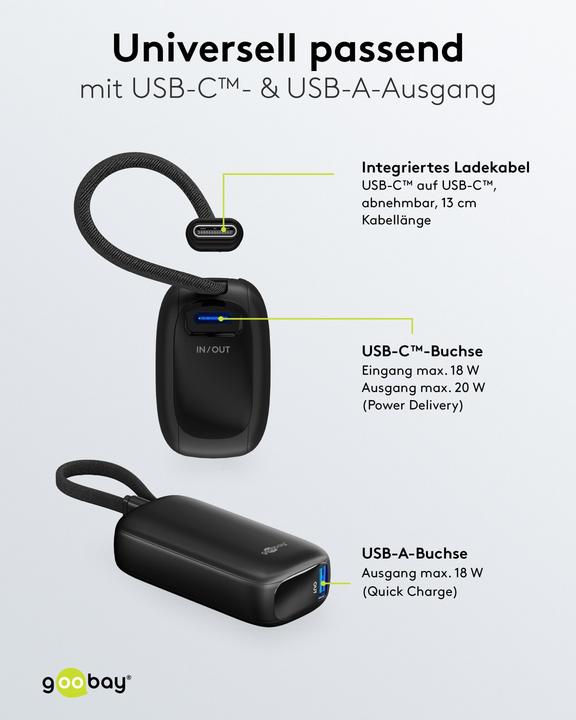 Produktbild Goobay Powerbank 5.000 mAh mit integriertem USB-C-Kabel (5000 mAh, 15 W, 15 Wh)