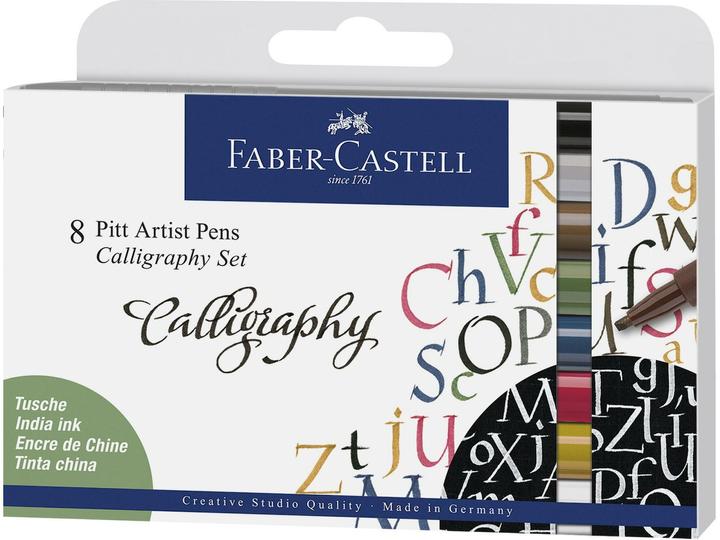 Faber-Castell Tuschestifte Pitt Artist Pen Calligraphy 8 Farben (Blau, Schwarz, Braun, Grün, Weiss, Gelb, Rosa, 8 x)