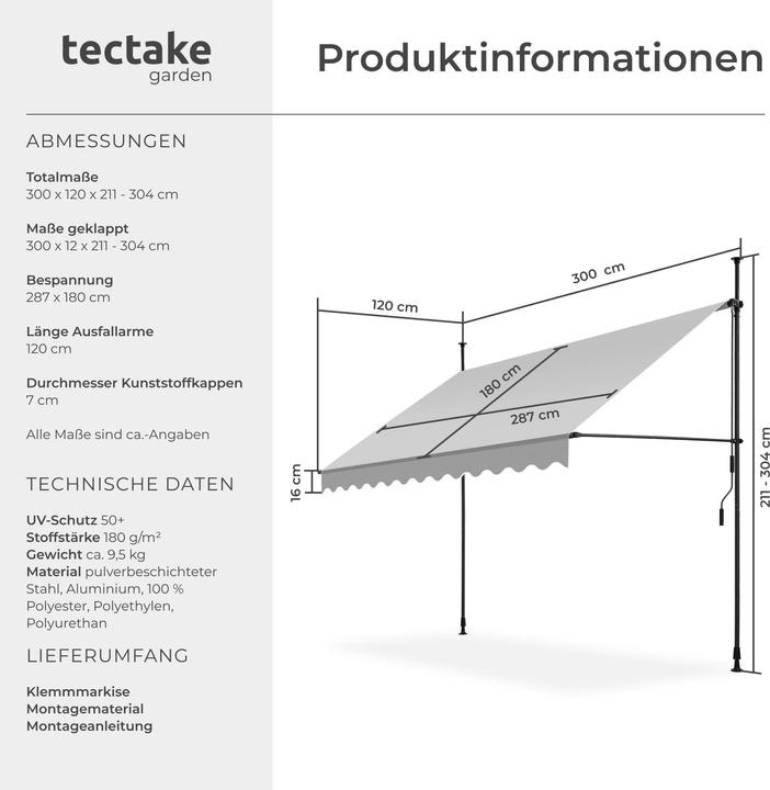 Image du produit tectake Tenda a morsetto con manovella, altezza regolabile (3 m)