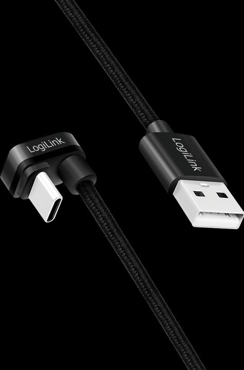 Productafbeelding LogiLink USB 2.0 Type-C kabel, C/M 180° naar USB-A/M, aluminium, zwart, 2 m (2 m, USB 2.0, 20 W)