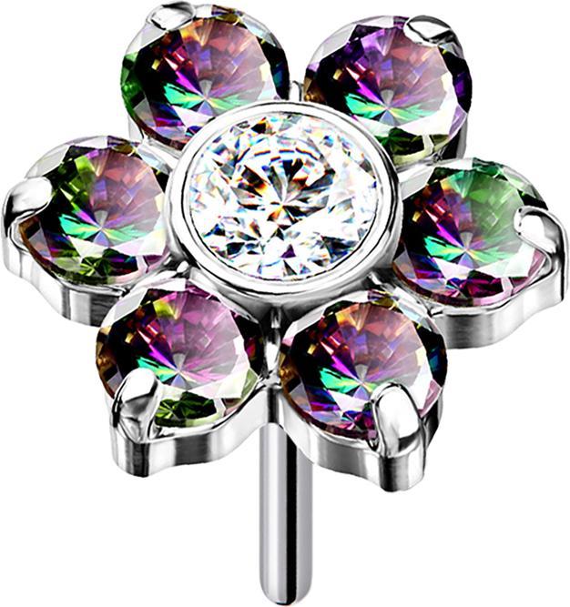Star Piercing Threadless silber Blume Kristalle dunkel multicolor (Titan G23, ohne Messing)