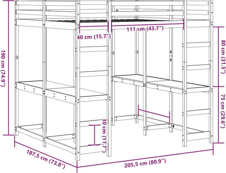 Actual product image VidaXL Loft bed with desk & ladder (180 x 200 cm)