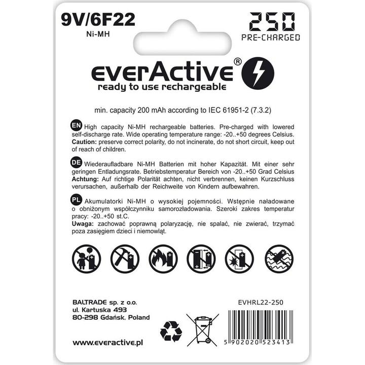 Energie-Label Everactive Rechargeable 6F22 9V 250 mAh (1 Stk., 9V Block, 200 mAh)