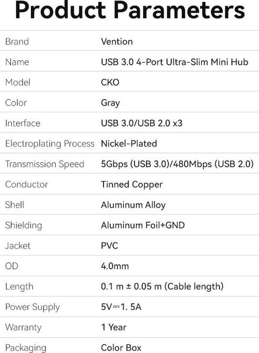 Nutritional values and ingredients Vention Mini Hub USB 3.0 to USB 3.0/3x2.0 CKOHB 0.15m (USB-C, 4 Ports)