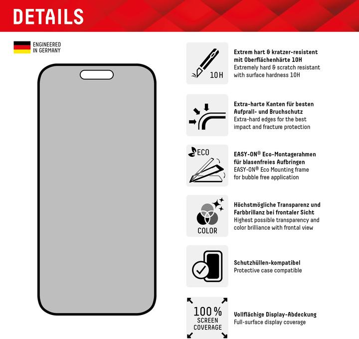 Immagine prodotto Displex Real Glass, Privacy Full Cover Panzerglas (1 Pezzo/i, Apple iPhone 15 Pro, Apple iPhone 15)