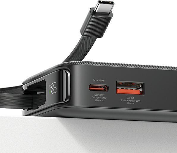 Actual product image Usams Powerbank ze zwijanym kablem USB-C Retractable 10000 mAh PD 20W Fast Charge XY Series biały/wh (10000 mAh, 20 W)